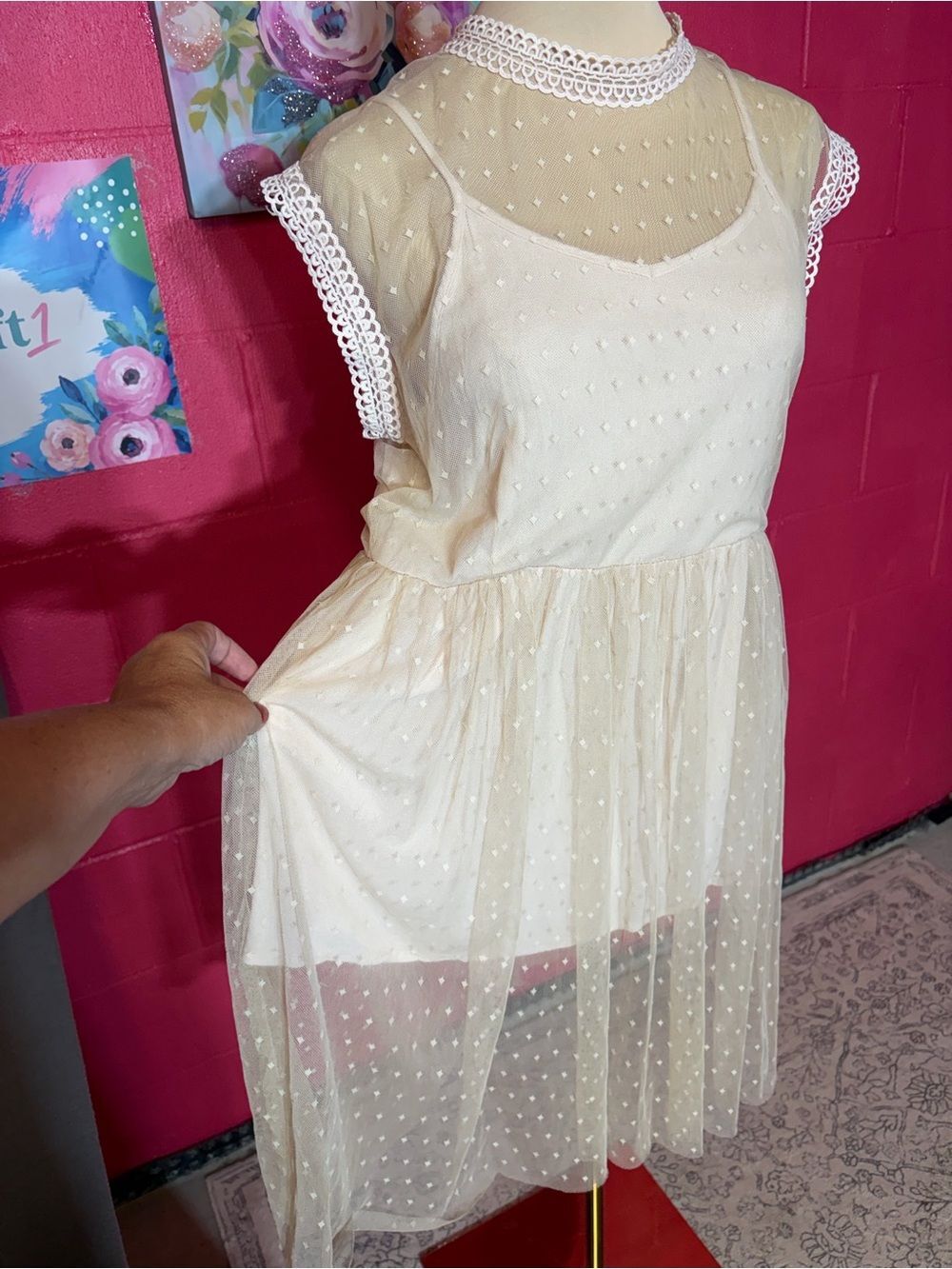 POL Swiss Dot Lace Midi Dress Large Ivory Cottagecore Boho Lined Boutique